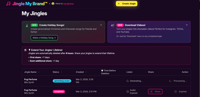 JingleMyBrand user backend — song history and downloads