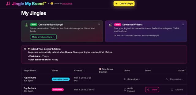 JingleMyBrand user backend — song history and downloads