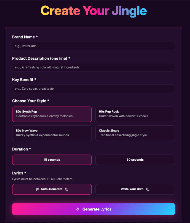 JingleMyBrand song creation form — brand name, style, and lyric options