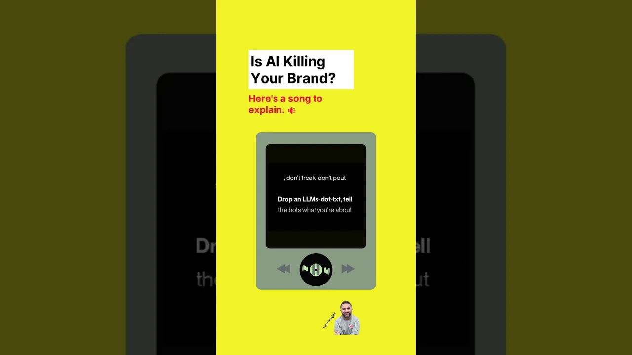 A frame from the Same Thing, Baby music video showing the lyric: Drop an LLMs-dot-txt, tell the bots what you're about.