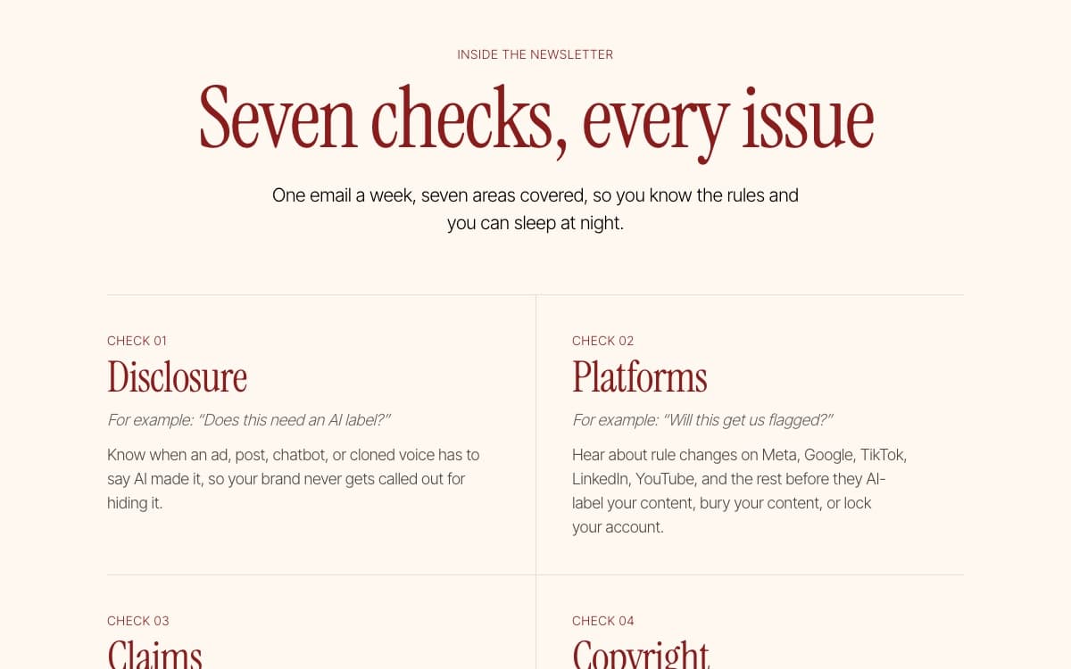 The seven checks section of the Alignment Machine homepage: Disclosure, Platforms, Claims, Copyright.