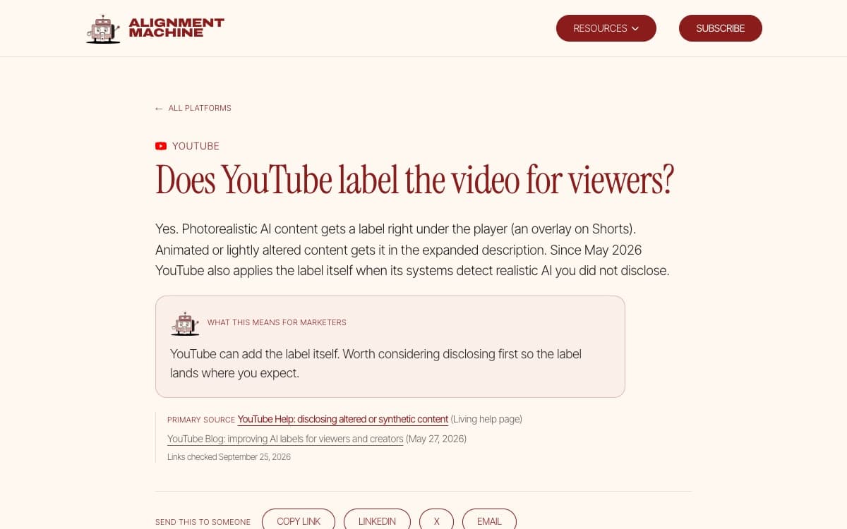 An Alignment Machine answer page: Does YouTube label the video for viewers? With the answer, a takeaway, sources and the date links were checked.