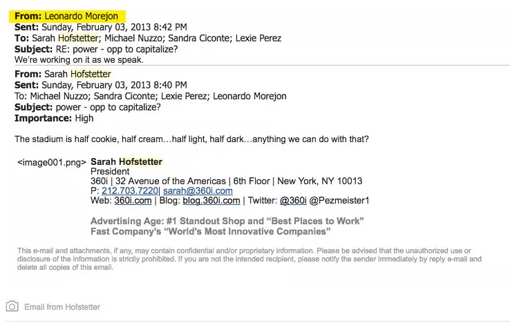 Leo Morejon's communication during the Oreo Super Bowl Blackout Tweet, internal 360i email thread on February 3, 2013